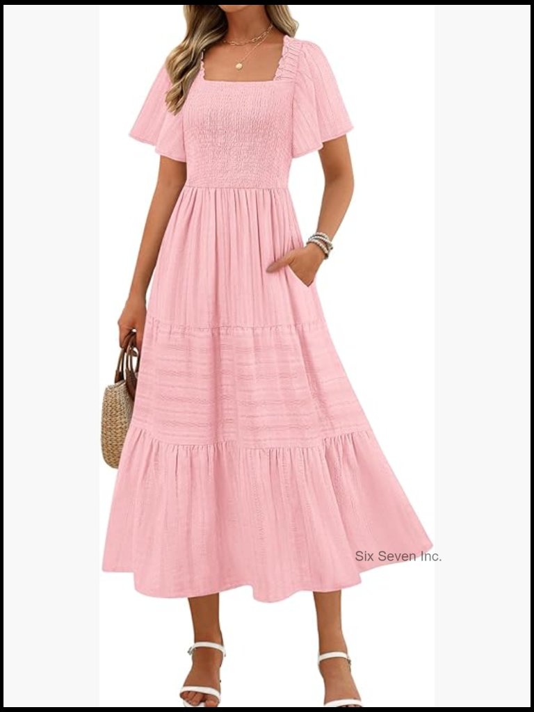 Flowy Midi Maxi Dress Short Sleeve Square Neck Smocked Tiered Ruffle Boho